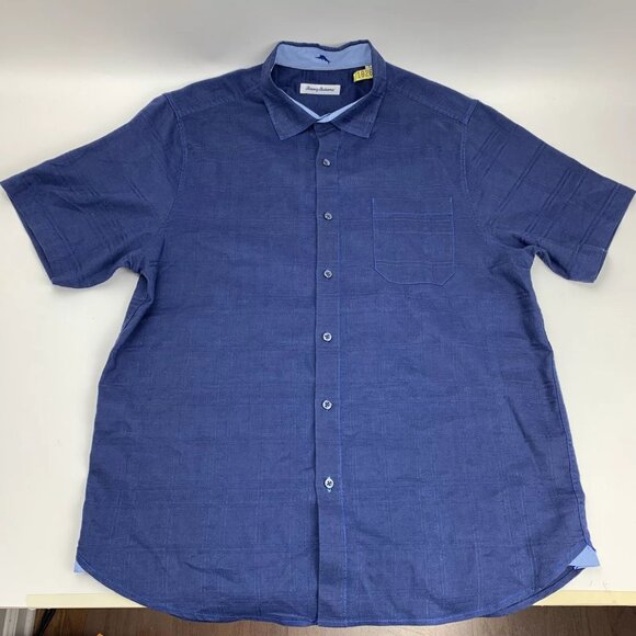 Tommy Bahama Linen Camp Shirt Costa Tautira Stretch Men Large Dark Blue T321938 - Picture 1 of 16